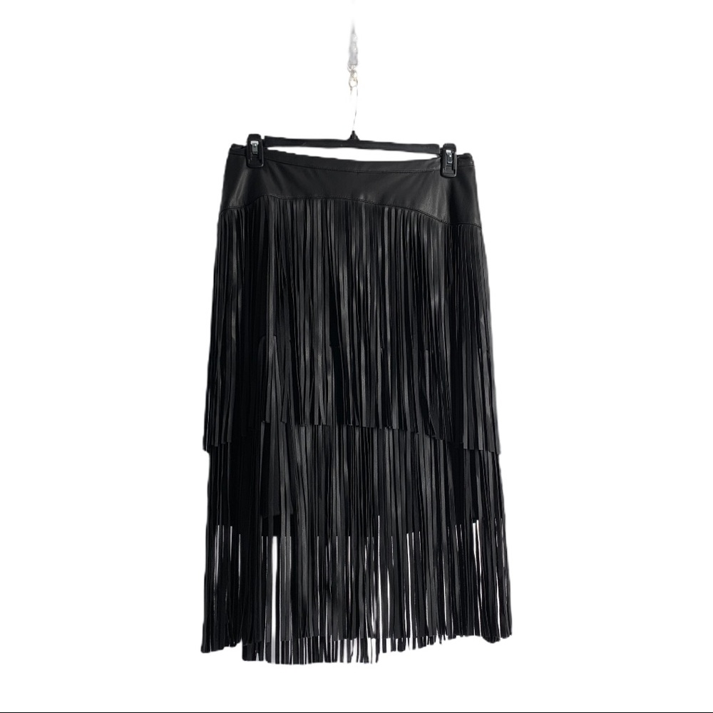 Keeping For Now - BLACK LEATHER FRINGE STRETCHY MIDI SKIRT SIZE 16W